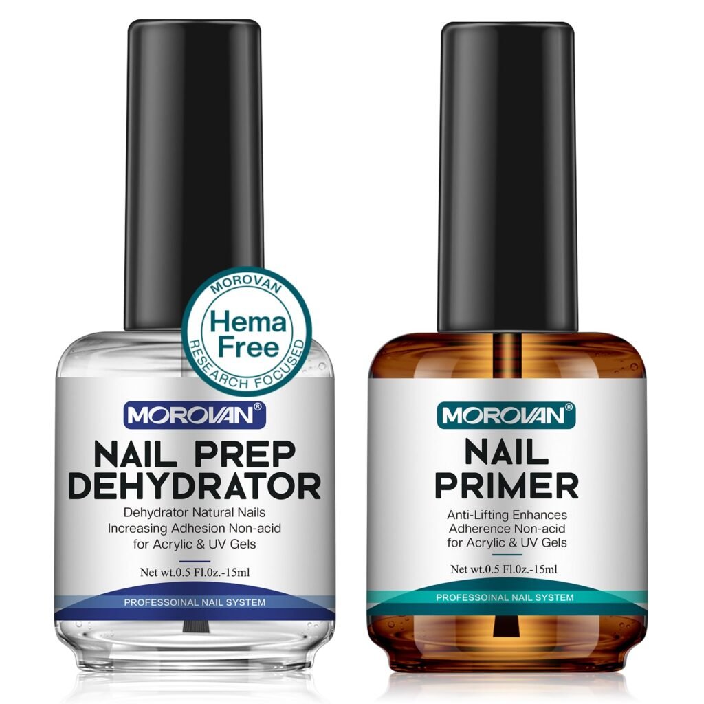 Morovan Professional Natural Nail Prep Dehydrate and Acid-Free Primer, Dehydrator for Acrylic and Gel Nail Polish, Non Acid Primer for UV Gels Fast Dry Superior Bonding Agent Gift Box Set