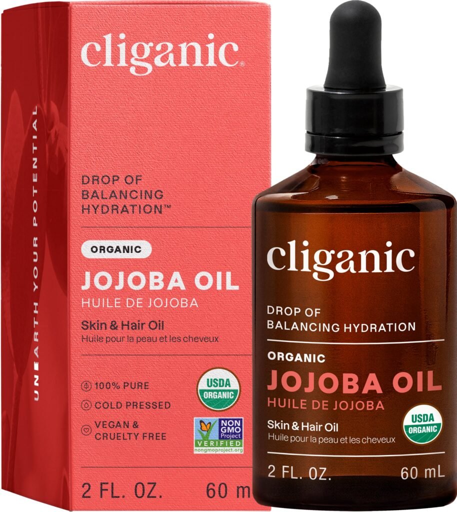Cliganic Organic Jojoba Oil, 100% Pure Cold Pressed for Face & Hair, 2oz